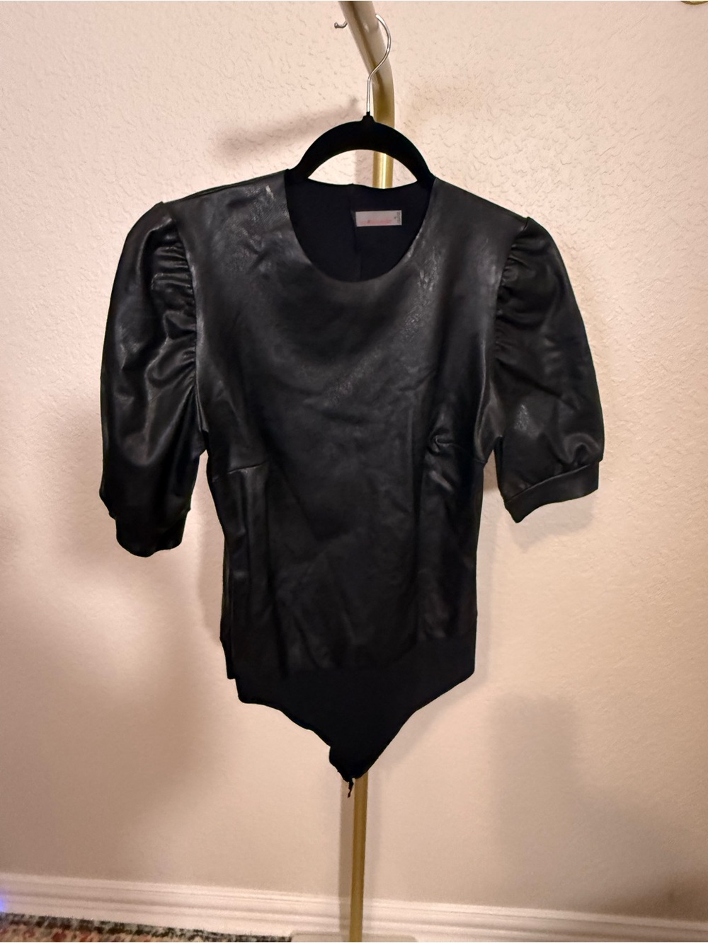 Commando Black Faux Leather Puff-Sleeve Bodysuit Top